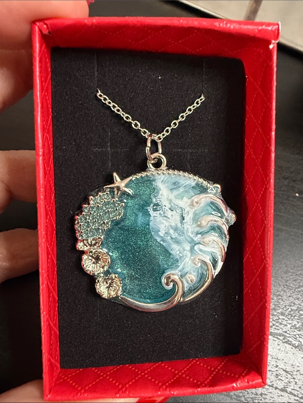 Teal Wave Pendant Necklace with Crystal Accents - Picture 2 of 3